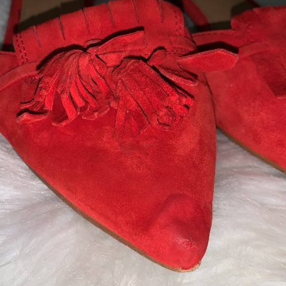 PUBLIC STORAGE TOOK J. CREW bright Red leather pointed Flats Sz 8 fringe suede - Picture 14 of 16